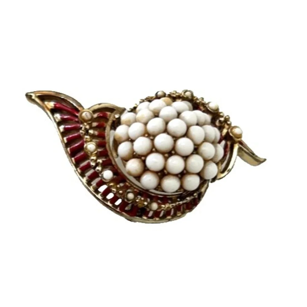 Vntage CORO Signed Spray Brooch Pin Pearl Milk Glass Bead Cluster Red Enamel 50s